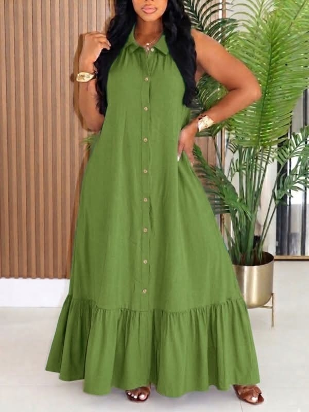 Sleeveless Olive Green Button-Front Maxi Dress